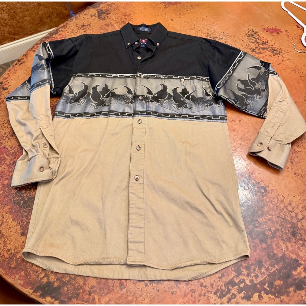 Panhandle Slim Western Shirt Mens Small Black Tan Eagle Graphic Border